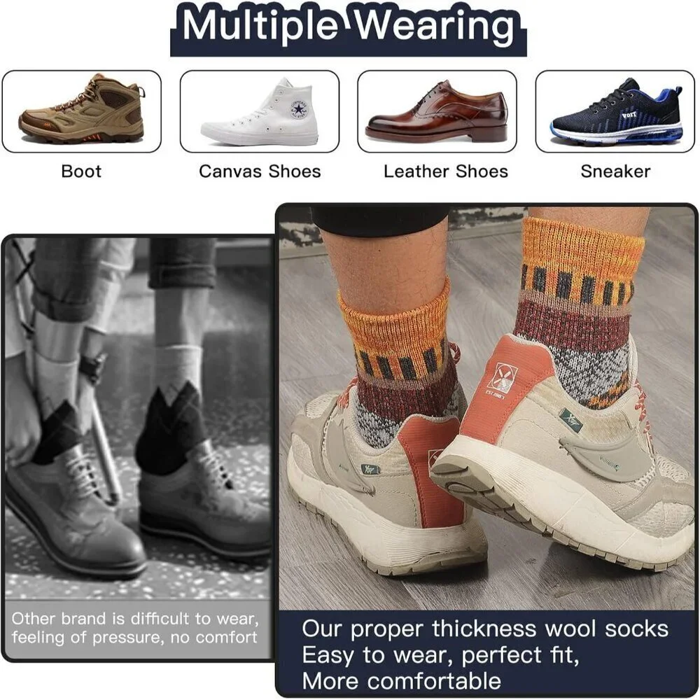 Mens Warm Wool Socks Thermal Winter Thick Crew Pattern Socks Cold Weather 5 Pair